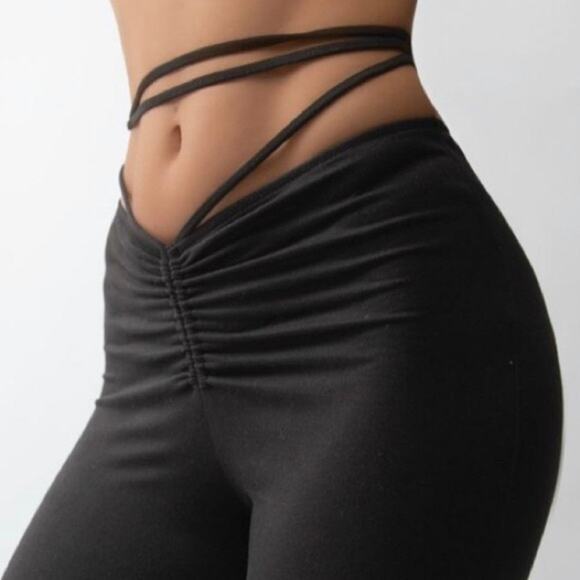 [TRESSER] Tan Criss Cross Tie Waist Ruched Low Rise Flare Leg Pants Size Small S - Picture 2 of 12